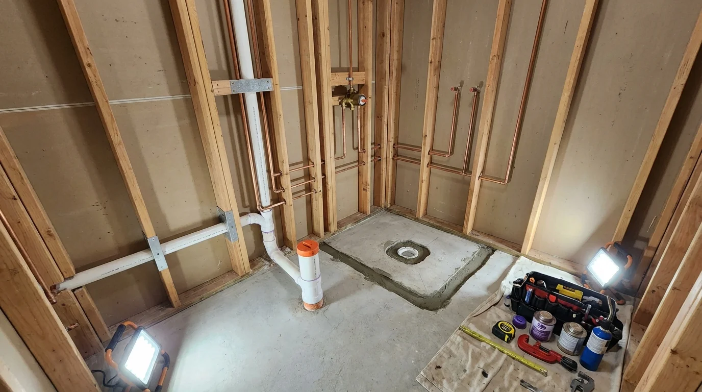 Bathroom rough-in plumbing during remodel by Johns Plumbing LLC in Roodhouse