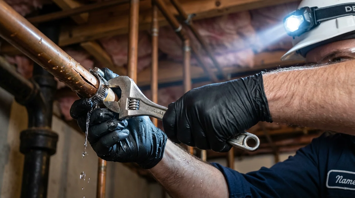 Emergency pipe clamp repair being performed by a Johns Plumbing LLC plumber in Roodhouse