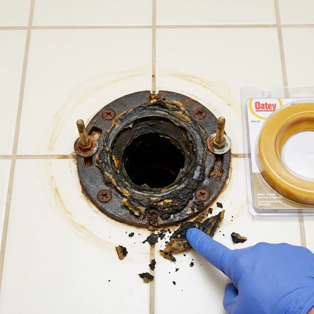 Failed wax ring showing water seepage at the base of a toilet in a Roodhouse, IL home