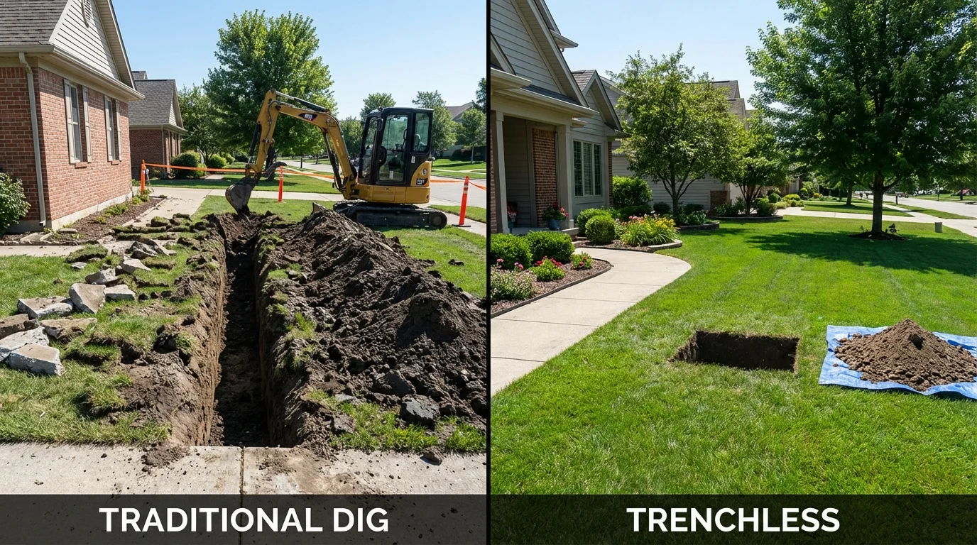 Trenchless sewer repair with minimal yard damage versus traditional excavation in Roodhouse, IL